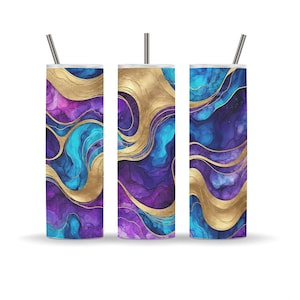 Blue Purple Gold Marble Swirl Sublimation Design for 20oz Tumbler Wrap Pack - Instant Download for DIY Creations, Skinny, Straight, PNG