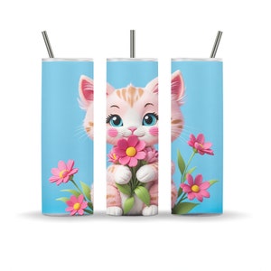 Pink Kitty Cat Cartoon 20oz Skinny Tumbler Wrap, Best Mom Ever, Sublimation Design, Tumbler PNG Instant Digital Download, Straight, Blue, 3d