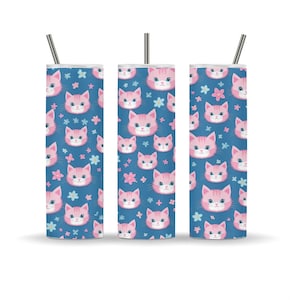 Pink Kitty Pattern 20oz Skinny Tumbler Wrap, Sublimation Minimalism Design, Tumbler PNG Instant Digital Download, Straight, Blue