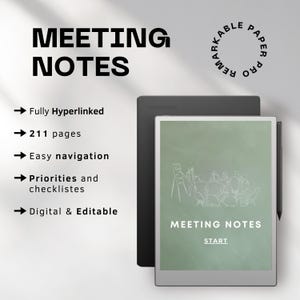 Op de afbeelding: Een zwart-grijze e-reader met een wit scherm waarop de tekst "MEETING NOTES START" wordt weergegeven. Het scherm toont een tekening van een groep mensen die rond een tafel zitten. De e-reader staat op een wit oppervlak. De tekst "REMARKABLE PAPER PRO" staat in een cirkel in de rechterbovenhoek van de afbeelding.