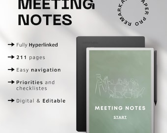 Notas de la reunión para reMarkable Paper Pro | Cuaderno de reuniones | Agenda de la reunión | Cuaderno de reuniones | PDF con hipervínculo | Plantilla de actas de reuniones