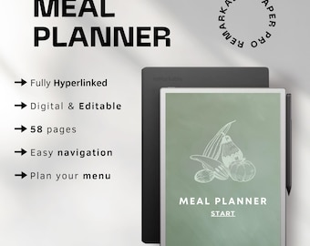 Planificador de comidas para reMarkable Paper Pro | Calendario de comidas mensual digital | PDF con hipervínculos | Lista de compras | Diario de alimentación | Planificador de preparación de comidas