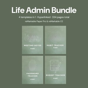 Op de afbeelding: Een digitale Life Admin Bundle met 4 sjablonen in 1 en in totaal 334 pagina's voor reMarkable Paper Pro en reMarkable 1/2. De lay-out bevat Meeting Notes, Habit Tracker, Password Tracker en Budget Tracker met hyperlinked startknoppen.