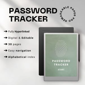May include: A digital password tracker on a gray e-reader with a green screen. The screen displays a fingerprint icon and the text "PASSWORD TRACKER START". The e-reader is surrounded by a white background.