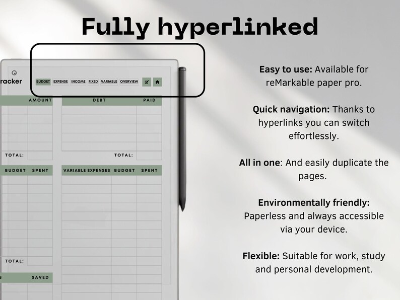 Budget planner for reMarkable Paper Pro | Digital budget tracker | Expense tracker | Bill tracker | Financial planner | Money Tracker hyperlinked