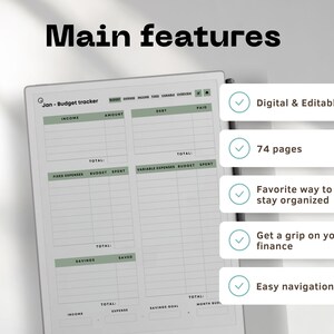Budget planner for reMarkable Paper Pro | Digital budget tracker | Expense tracker | Bill tracker | Financial planner | Money Tracker main features