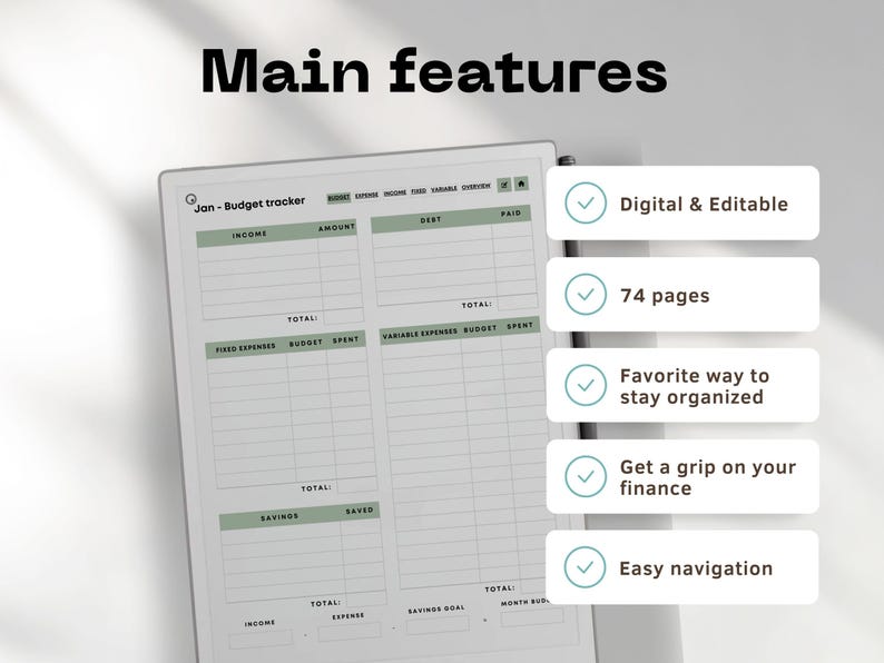 Budget planner for reMarkable Paper Pro | Digital budget tracker | Expense tracker | Bill tracker | Financial planner | Money Tracker main features