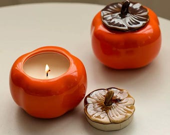Persimmon Ceramic Candle Jar, Halloween Decor, Pumpkin Orange Vessel, Fall Trinket Box, Autumn Gift