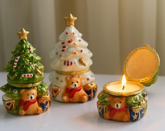 Ceramic Bear Jar in Christmas Tree | Holiday Jewelry Box | Reusable