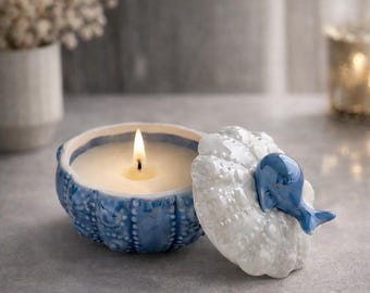 Shell Ceramic Candle Jar, Whale Lid Trinket Box, Soy Wax, Beach Gift, Nautical Decor