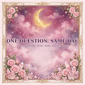 May include: A square graphic featuring a golden crescent moon against a pink and purple cloudy sky with stars. The text reads ONE QUESTION. SAME DAY. Ask anything: love, him, what's next. The image is framed by pink roses and clear crystals.