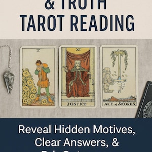 Könnte beinhalten: Werbung für einen Tarot-Leseservice. Der Text lautet "ACCOUNTABILITY & TRUTH TAROT READING". Drei Tarotkarten werden gezeigt, mit dem Text "Reveal Hidden Motives, Clear Answers, & Fair Outcomes". Links hängt ein Pendel.