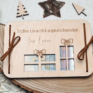 Personalisiertes Geldgeschenk zu Weihnachten - lustiges Weihnachtsgeschenk - Geschenkkarte aus Holz "Scheinachtsgeschenke"