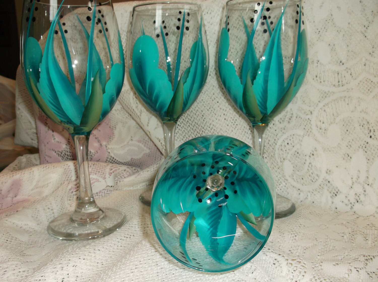 Wine glasses goblet Hand painted Turquoise and Teal... Etsy