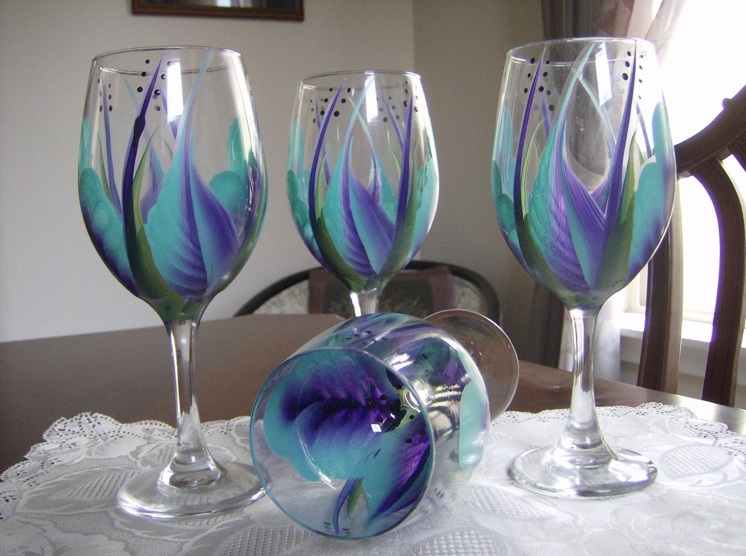 Wine Glasses Goblet Hand Painted Turquoise and Purple Etsy