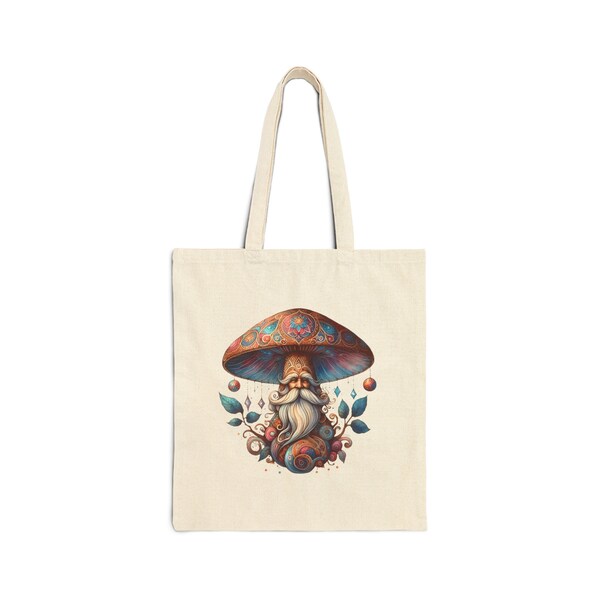 Boho-style Cotton Canvas Tote Bag With Bright Mushroom "It's a Magical Day!", Toadstool, Fungi, Mystical Mushroom, Magic