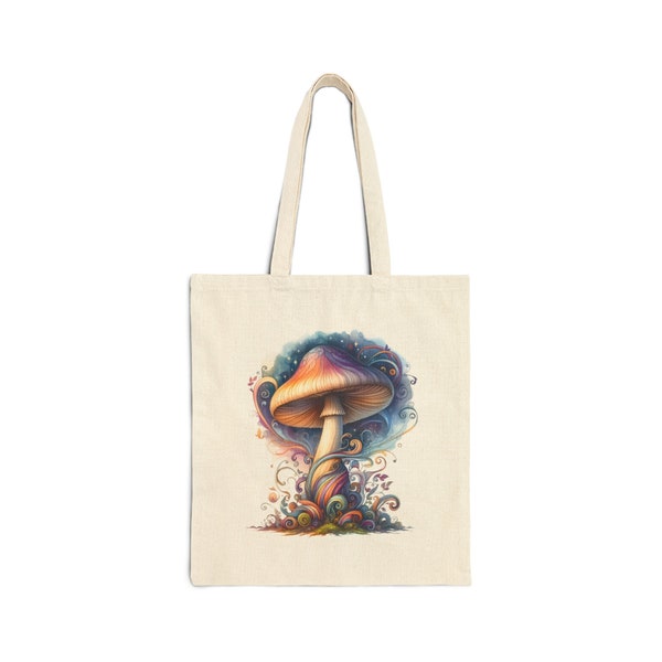 Boho-style Cotton Canvas Tote Bag With Bright Mushroom "It's a Magical Day!", Toadstool, Fungi, Mystical Mushroom, Magic