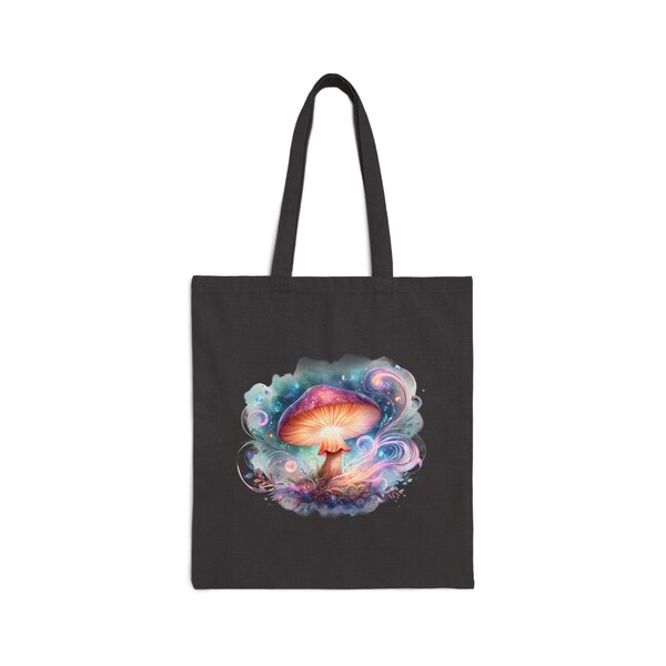 Boho-style Cotton Canvas Tote Bag With Bright Mushroom "It's a Magical Day!", Toadstool, Fungi, Mystical Mushroom, Magic