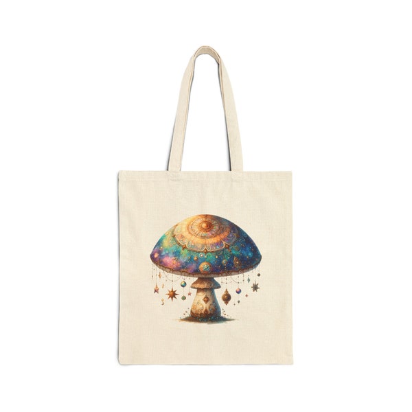 Boho-style Cotton Canvas Tote Bag With Bright Mushroom "It's a Magical Day!", Toadstool, Fungi, Mystical Mushroom, Magic