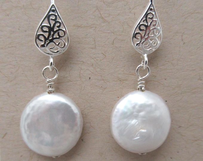 Coin Pearl and Sterling Earrings