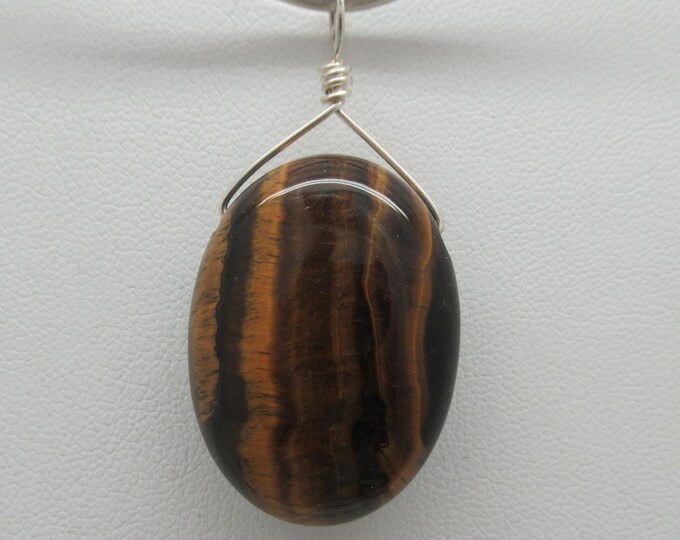 Natural Tiger Eye and Sterling Teardrop Pendant