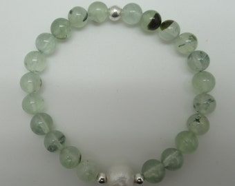 Tourmalinated Prehnite Stretch Bracelet with Pearl Accent