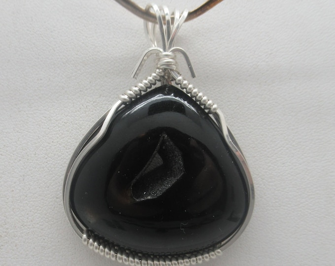 Black Onyx Druzy and Sterling Silver Pendant