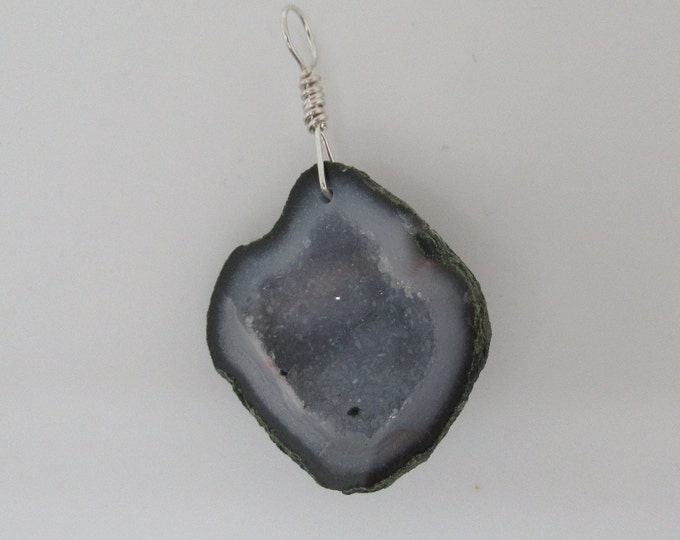 Natural Crystal Quartz Geode and Sterling Silver Pendant