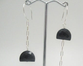 Onyx Faceted Stone and Sterling Silver Earrings