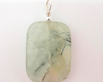 Tourmalinated Prehnite and Sterling Pendant