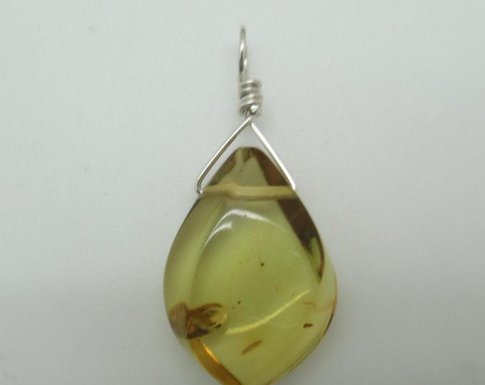 Green Baltic Amber and Sterling Silver Pendant  ** with inclusions**