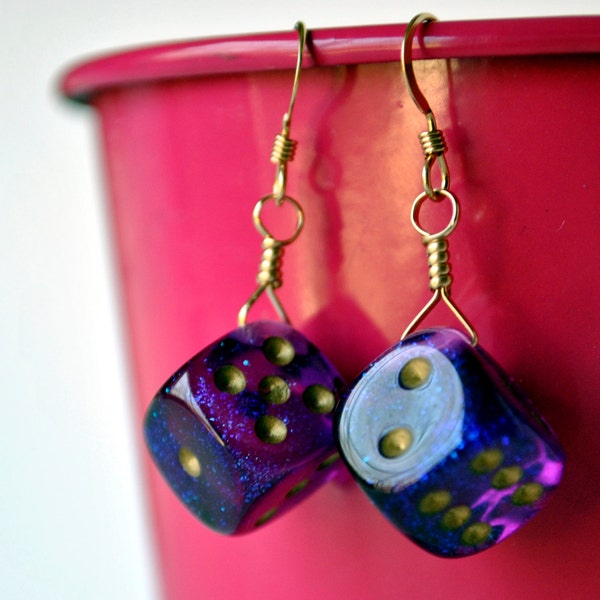 Mini Dice Earrings -  Purple Six Sided Dice - Glitter Geeky Gamer Earrings