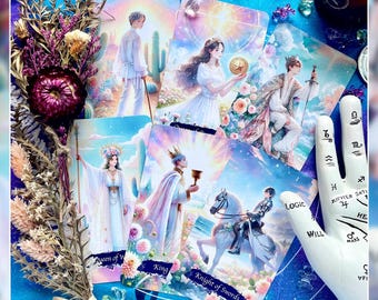 May include: A collection of tarot cards featuring fantasy illustrations with pastel colors. The cards display images of figures in royal attire, a knight on horseback, and other symbolic imagery. Dried flowers and crystals surround the cards, with a white hand model displaying palmistry symbols.