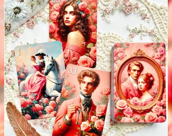 Puede incluir: Cuatro cartas de tarot con rosas rosas y detalles dorados. Las cartas presentan ilustraciones de personas en entornos románticos. Los números de las cartas son 1, 29, 33 y 33.