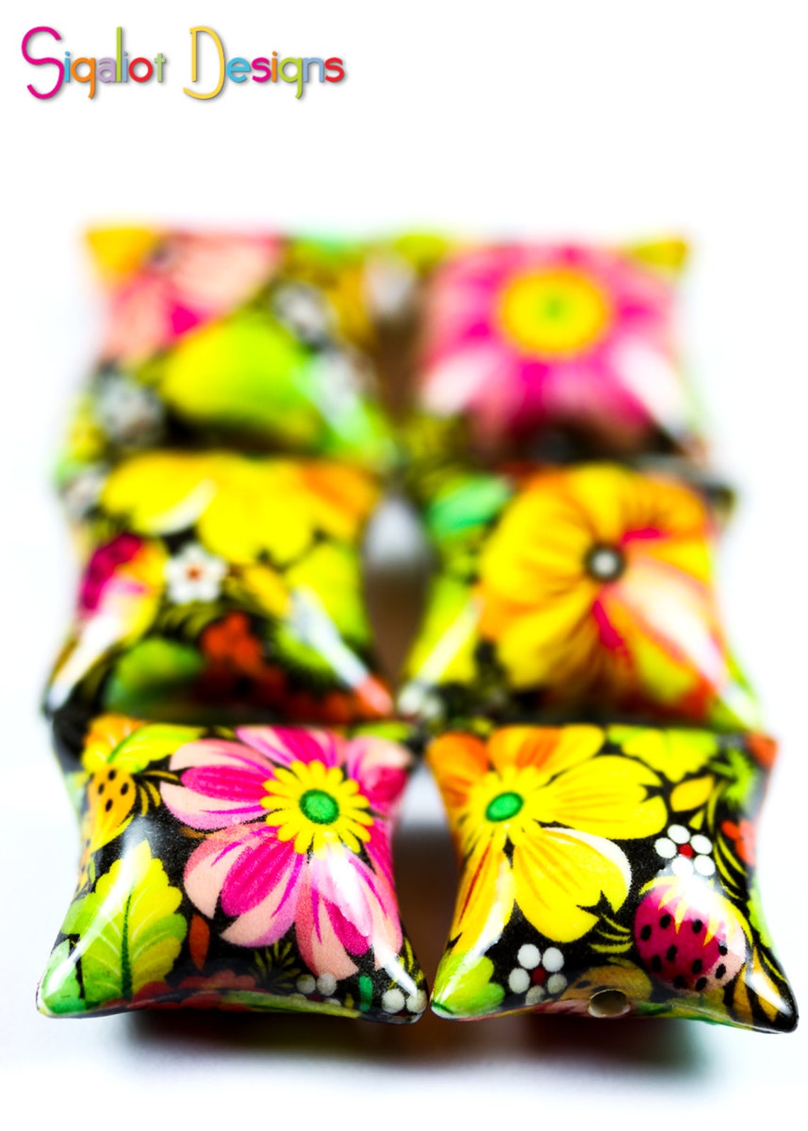 Polymer clay pillow beads pink yellow orange flower beads Etsy