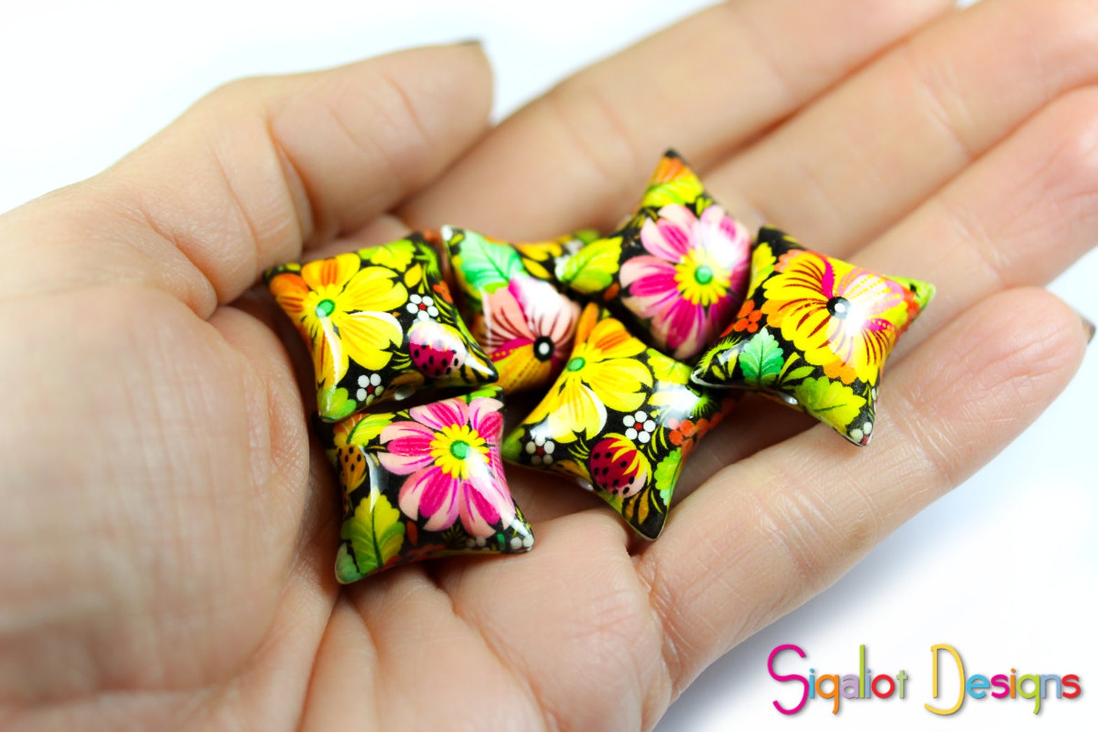 Polymer clay pillow beads pink yellow orange flower beads Etsy