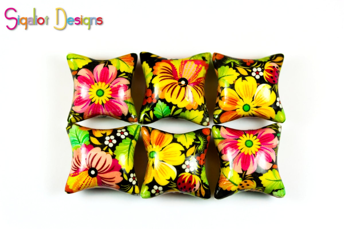 Polymer clay pillow beads pink yellow orange flower beads Etsy