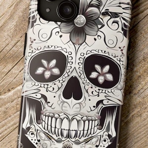 Sugar skull tough cell phone case. iPhone and Samsung models. Cool sugar skull design with a durable case.