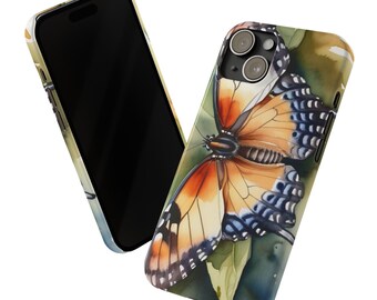 May include: A phone case with a watercolor painting of a butterfly with orange, black, and blue wings on a green and brown background.