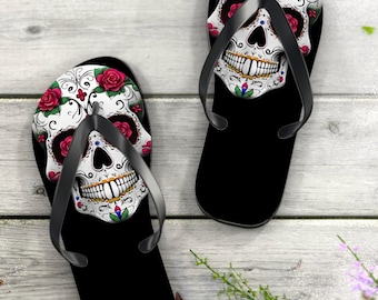 Sugar skull flip flops. Men and womens sizes. Summer sandals. Beach flip flops. Camping gear.  International shipping