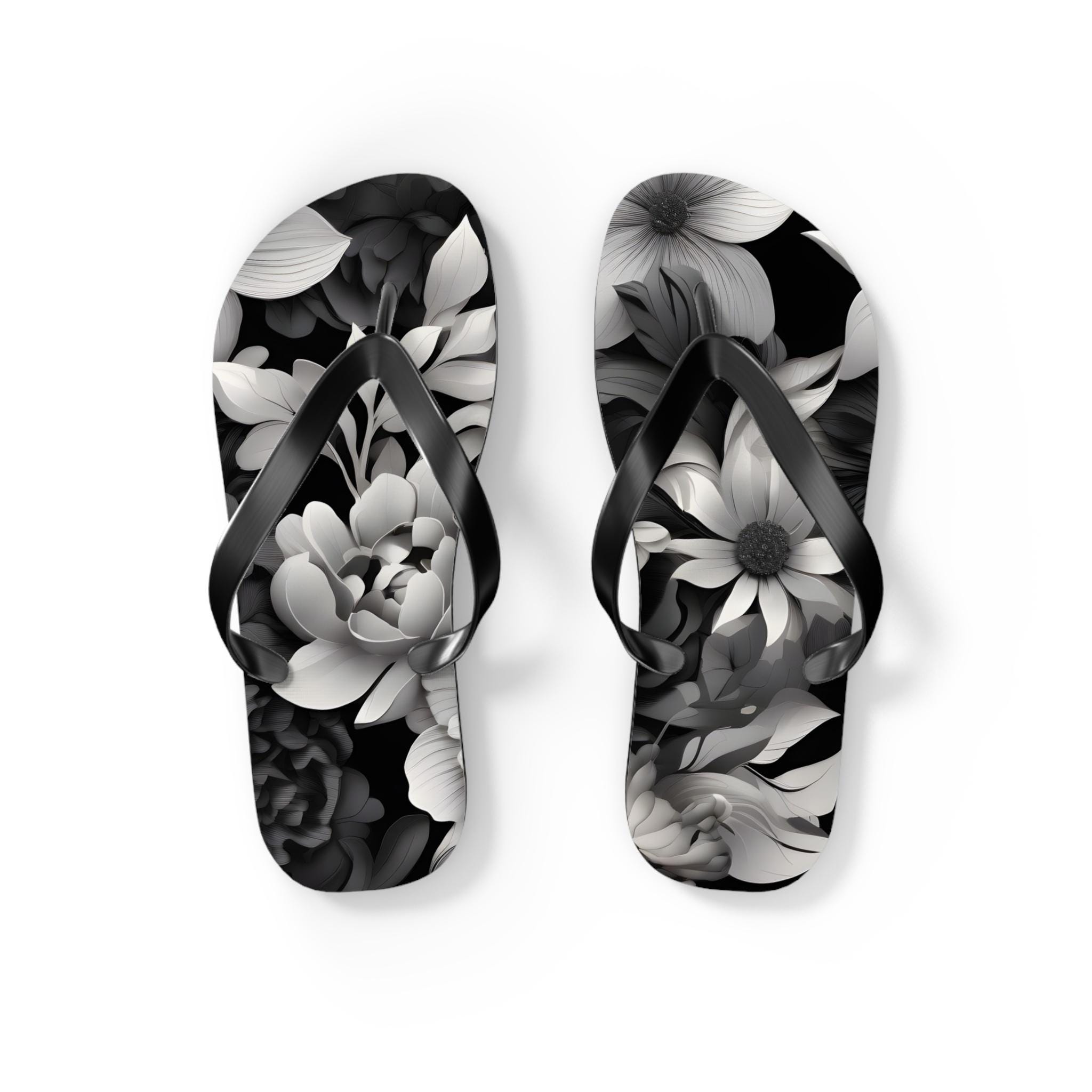 Black and White Floral Print Flip Flops. Mens and Womens Sizes. Beach ...