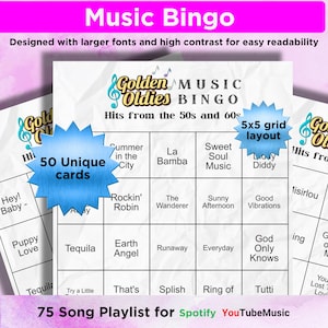 Music Bingo Game, 50s to 60s Hits, Printable Party Game with Playlists, Fun for Adults, Seniors, Events & Family Gatherings
