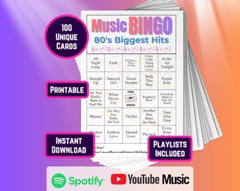 Bingo Cards, Bingo Boards, Music Bingo, Reunion Game, 80s Music, Party Activity, Retro Hits, Game Night, Fun Party Game, Instant Download
