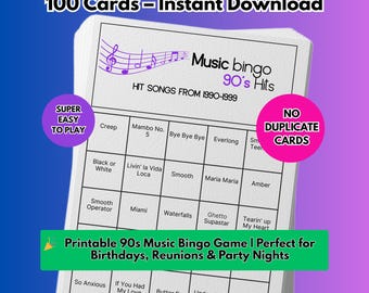 Music Bingo Game, 1990s Hits, Printable Party Game with Playlists, Fun for Adults, Teens, Events & Family Gatherings
