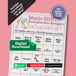 Music Bingo Game Printable | Bachelorette Party Games for Adults | Fun Bridal Shower Activity | Girls Night Out Instant Download