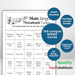 Music Bingo Game, 70s to 2010s Hits, Printable Party Game with Playlists, Fun for Adults, Teens, Events & Family Gatherings