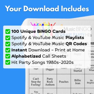 Music Bingo Game, 80s to 2020s Hits, Printable Party Game with Playlist, Fun for Adults, Teens, Events & Family Gatherings, Party Hits Music image 2