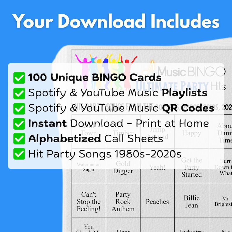Music Bingo Game, 80s to 2020s Hits, Printable Party Game with Playlist, Fun for Adults, Teens, Events & Family Gatherings, Party Hits Music image 2