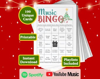 Juego de Bingo Musical Navideño / Juego Imprimible para Fiestas Navideñas / 100 Tarjetas Únicas + Lista de Reproducción con Código QR / Diversión para Familias, Clases y Oficinas