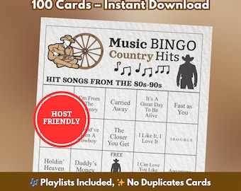 Country Music Bingo Game Printable | 80s 90s Country Hits | Family Reunion Game | Fun Adult Party Game | Instant Download